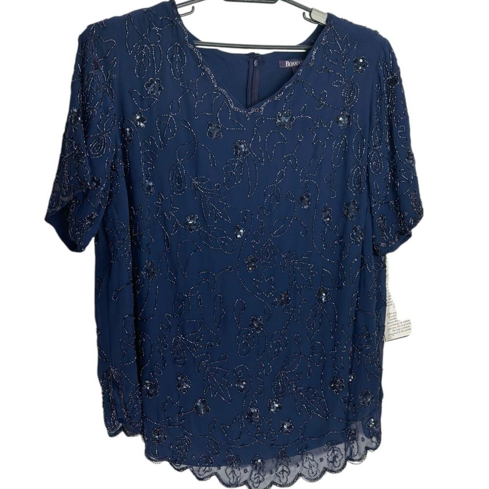 Roaman's Blue Beaded Short-Sleeve Top 22W  Elegant Evening Wear